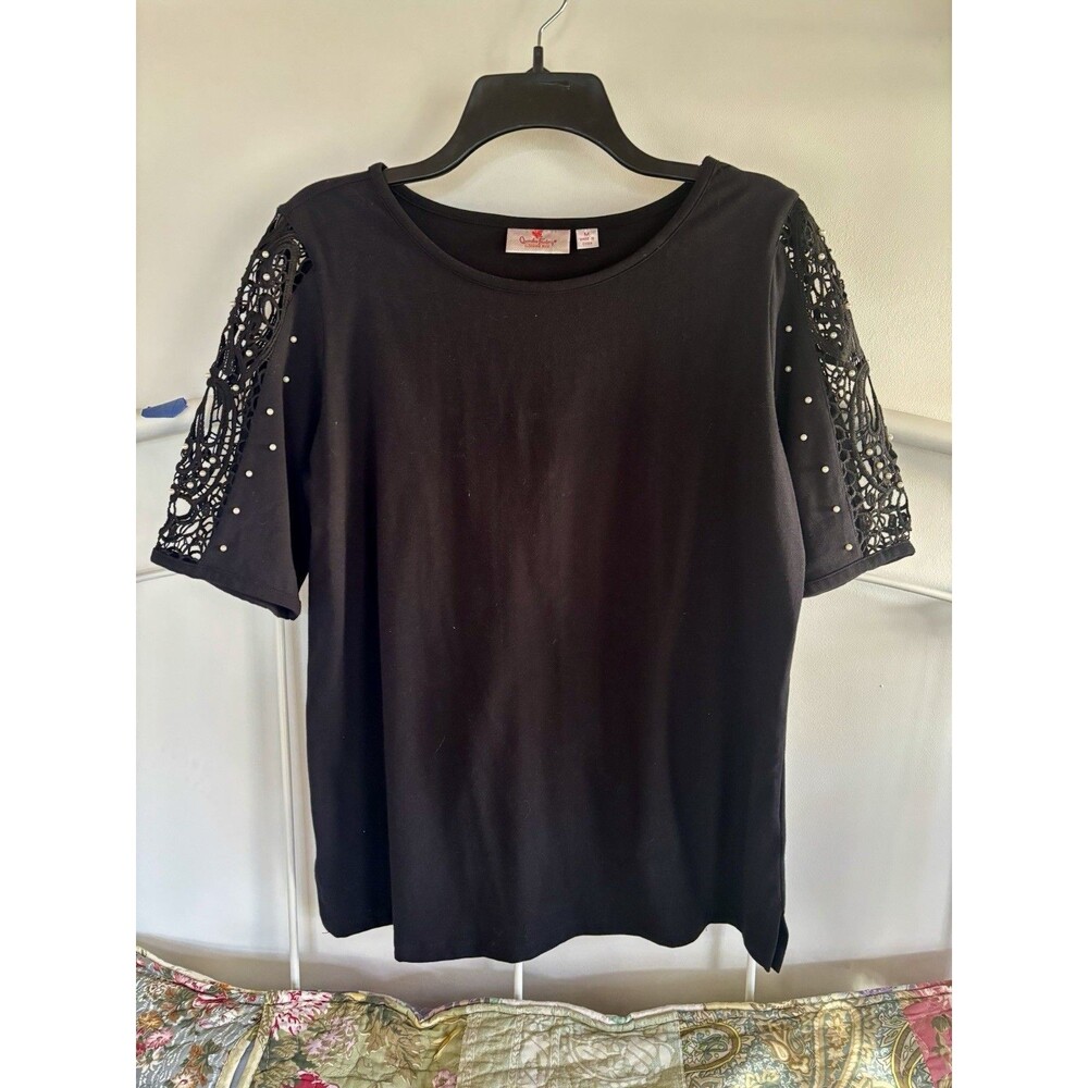 Quacker Factory Black Short Sleeve Lace with pearls Shirt blouseMedium